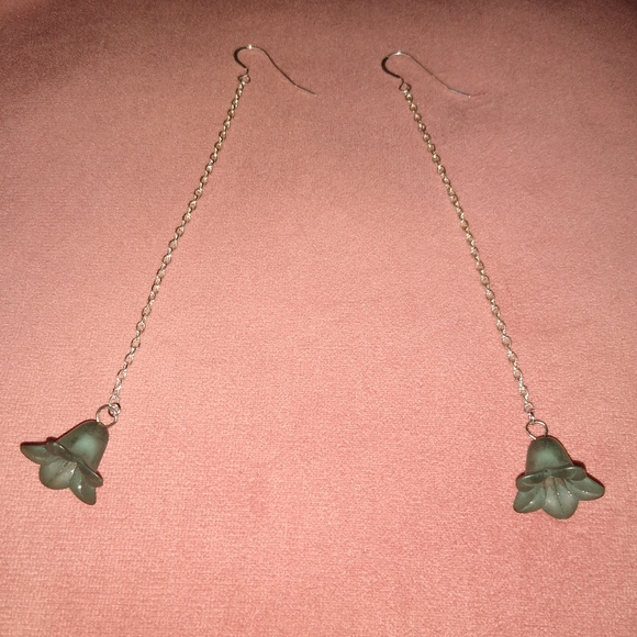 Smoky Blue Flower Earrings Solid 925 Sterling Silver Ear Hooks Long Dangle Chain - Picture 3 of 10